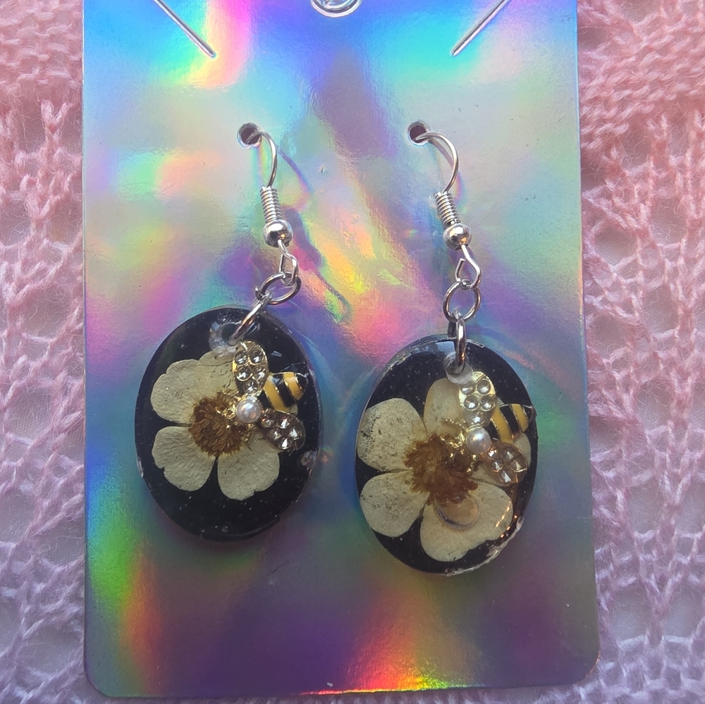 Yellow & Black Floral With Alloy Bee Charm Earrings & Stainless Steel Metal